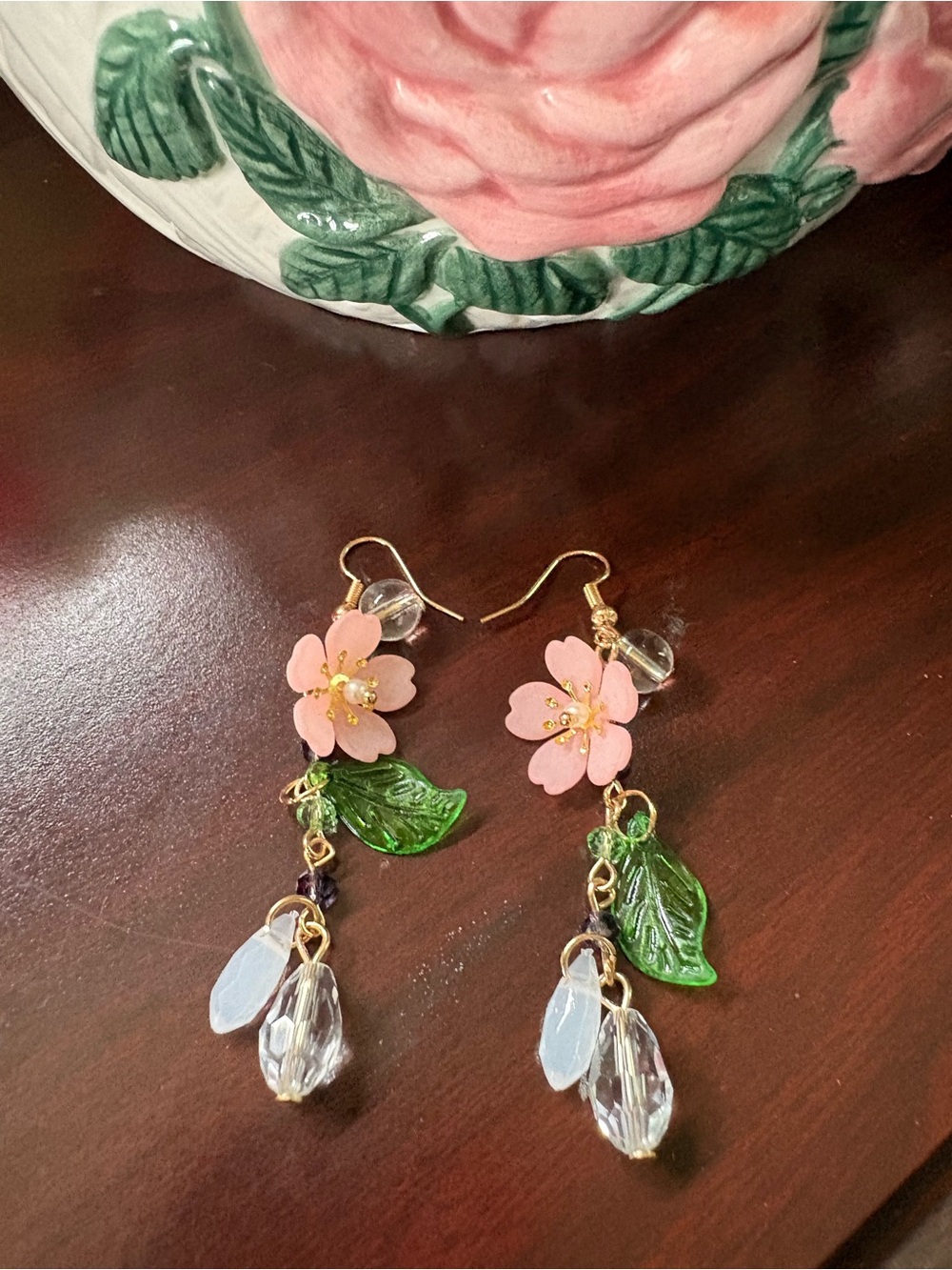 Pink Flower Drop Earrings with Green Leaves Boho, Fairycore, Cottagecore